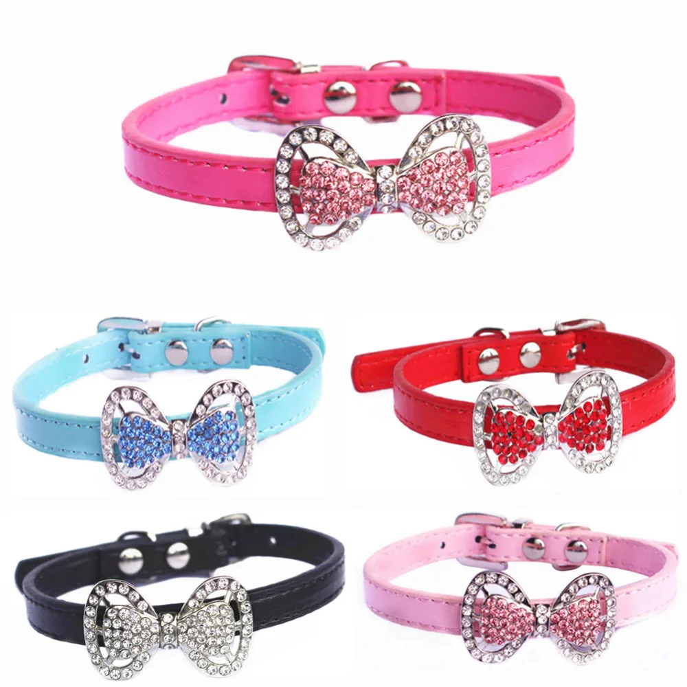 

Pretty Bowknot Rhinestone Dog Collars for Dogs Cats Small Size Adjustable Pu Leather Pet Dog Puppy Collar Necklace Pet supplies