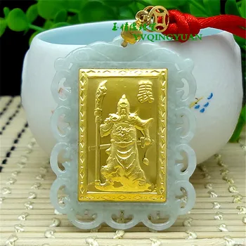 

3D gold inlaid natural jade Guan Gong pendant e60#
