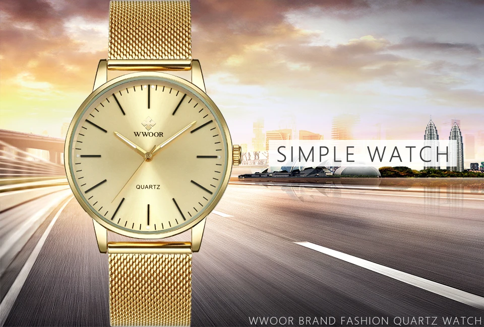 WWOOR Golden Men's Watches Luminous Hands Thin Male Clock 50 m Waterproof Quartz Wrist Watch Stainless Steel Sports Clock (1)