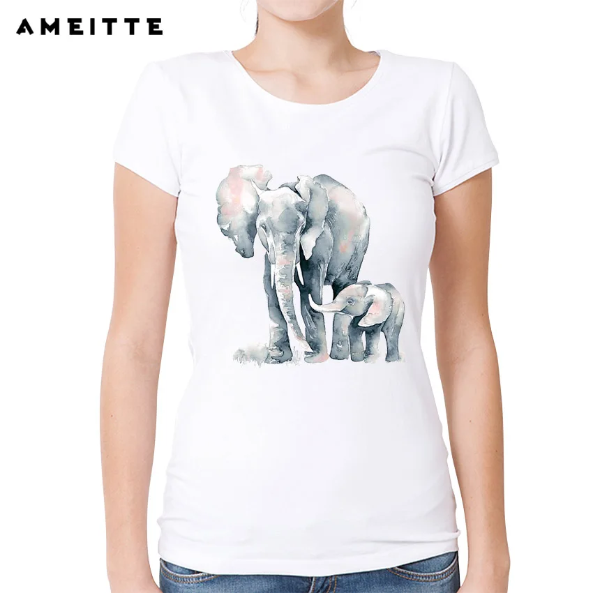 AMEITTE Watercolor Design African Elephant T Shirt Women Cute Elephants