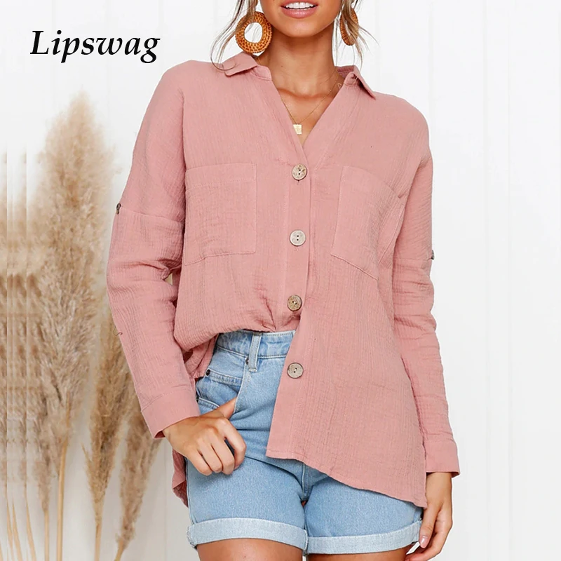 

Lipswag 2XL Cotton Long Sleeve Button Blouse Women Shirt Casual Loose Turn-down Collar Tops Spring Summer Pockets Cardigan Top