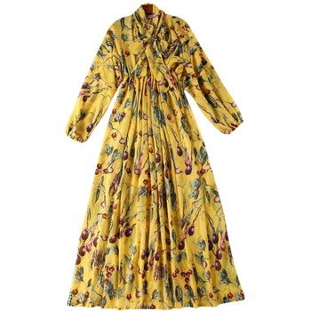 

Women Maxi Dress 2019 High Quality Spring Runway Dresses Long Sleeve Bow Floral Printed Casual Long Dress Vestidos NPD0306