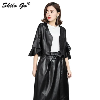 

SHILO GO Leather Coat Womens Autumn Fashion sheepskin genuine leather Jacket V Neck petal sleeve concise loose black jacket