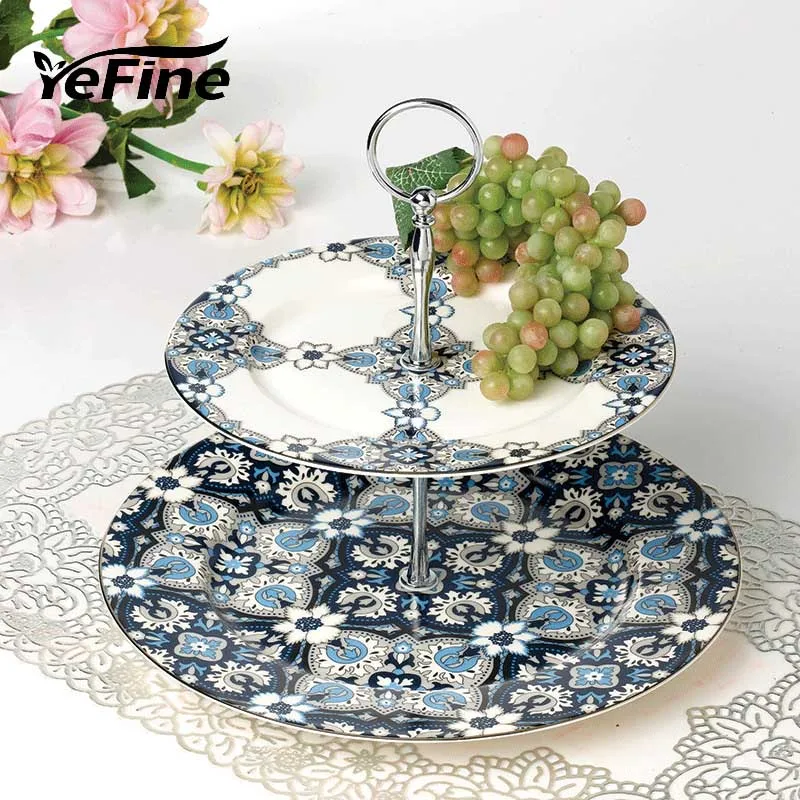 

YeFine Platinum Ceramic 2 Layer Pastry Tray Fruit Stand Holder Bone China Candy Cake Dishes Stainless Steel Party Accessories