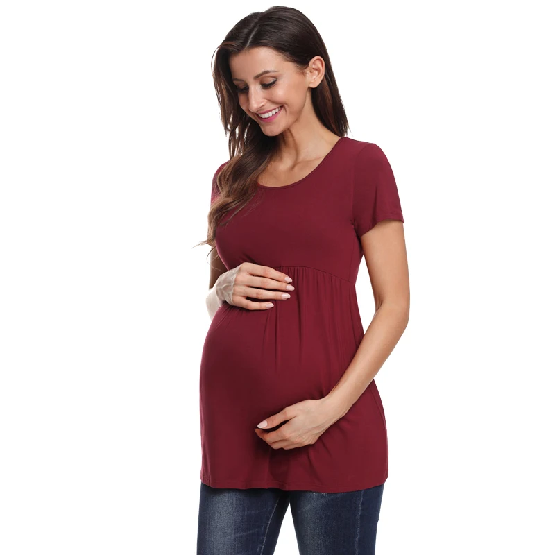 Maternity Tunic Top Short Sleeve Pregnancy Shirt Clothes for women Side Ruching Round Neck Pregnancy Top straps Loose Tops