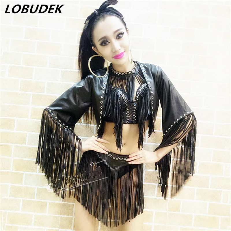

Lady Tide Jazz Dance Costume Bar DJ Singer Stage outfit Nightclub Dance Teams Hip Hop Performance Black PU Leather tassels suit