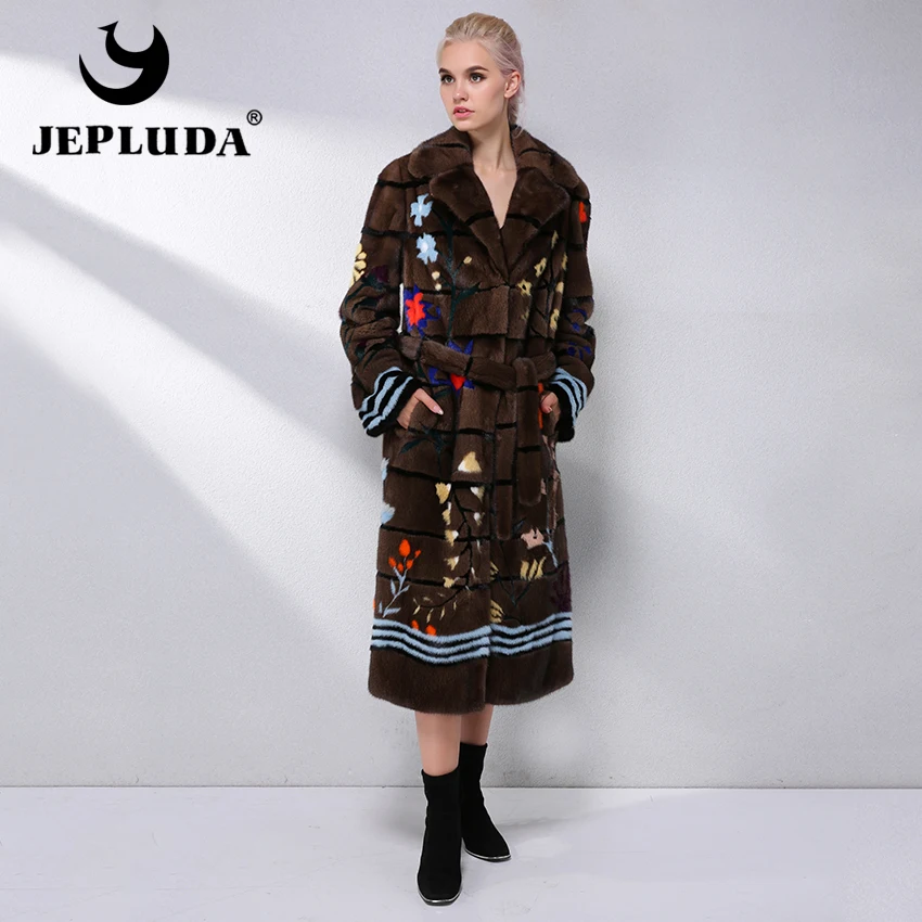 JEPLUDA Женская Норковая Шуба Натуральный Мех Американский с Цветочный Рисунок