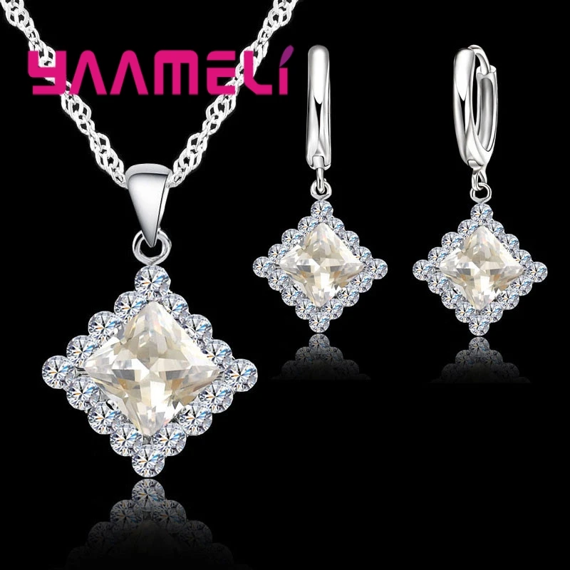 

New Fashion Multiple Color Square Crystal Necklaces/Pendants/Earrings 925 Sterling Silver Jewelry Set For Women