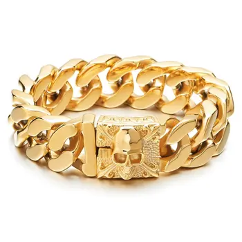

Mens Large Stainless Steel Curb Chain Bracelet with Fleur De Lis and Skull stainless steel bracelet Polished