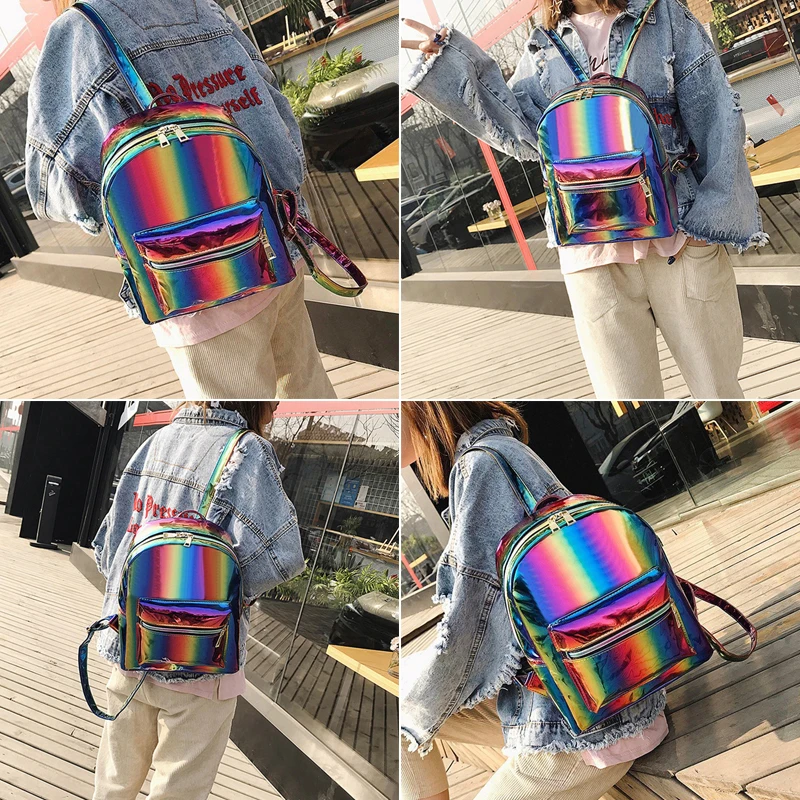 

2019New Holographic Backpack Rainbow Cool Fashion School For Men Women Girl Colorful Silver Laser Holographic Backpack Softback