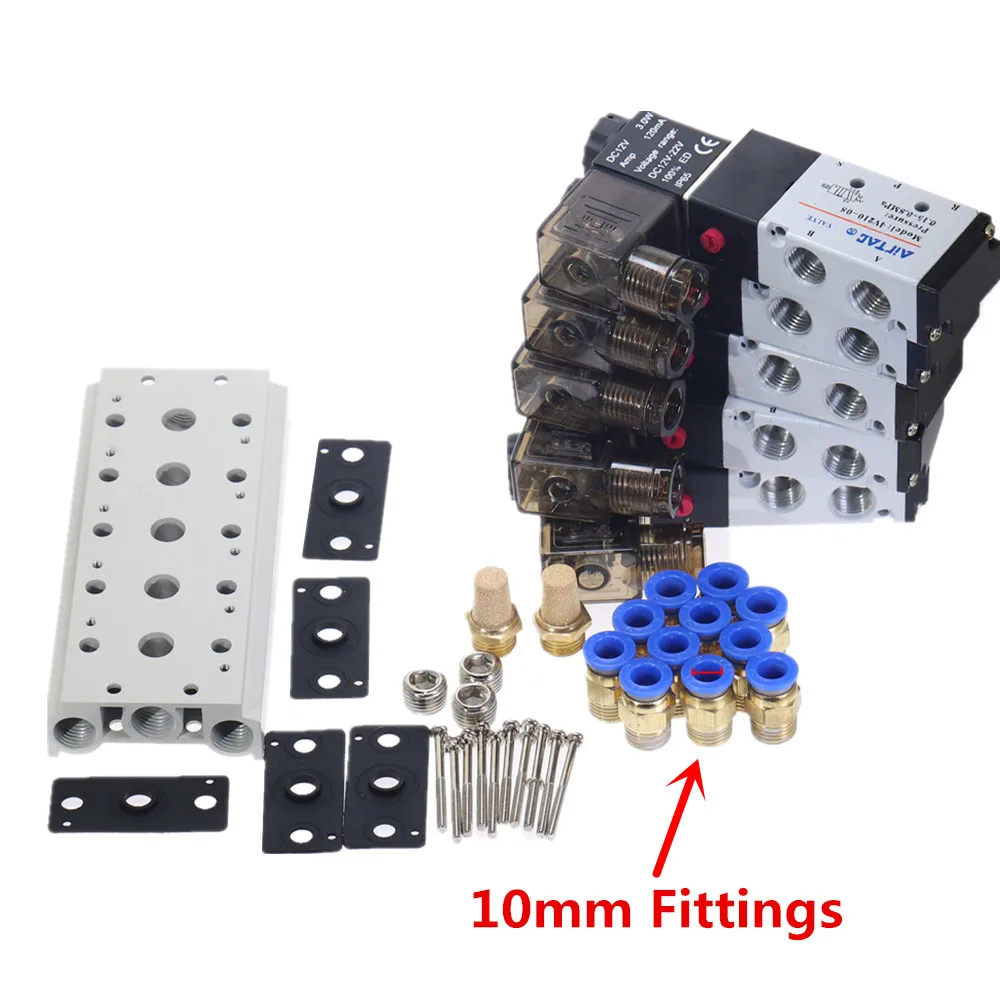10mm Fittings 1 шт. 5 способ пневматическая комбинация 4V210-08 12 В 24 в 110 В 220 В 2 Позиции с одной головкой Пневматический электромагнитный клапан w база - Цвет: 10mm Fittings