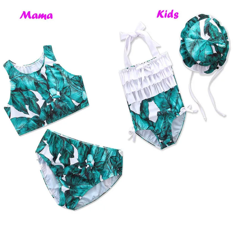 2018 Summer Mother &amp Daughter Matching Swimsuit Swimwear Women Leaf Print Binikni Set Girl One Pieces Beachwear | Мать и ребенок