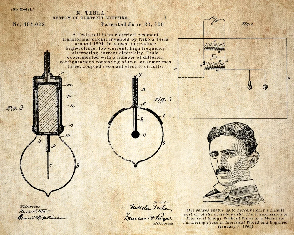 Винтажная патентная Художественная печать 4 в 1 на Николе Тесла катушка турбины лампа башня патент пергамент бумага Стиль без рамы