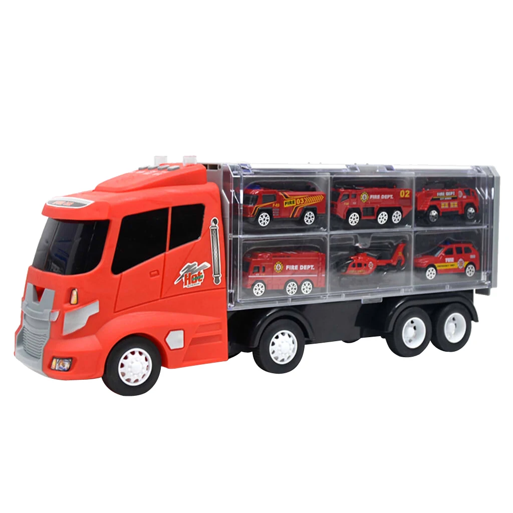 

7 Pieces of Red Container Truck with Alloy Fire Engine Car, Kids Indoor Vehicle Toy Set, Birthday Gift