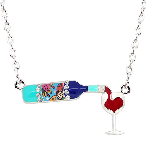 Bonsny массивное эмалированное цветочное красное вино бутылка стекло ожерелье цепочка сплав Стразы кулон для женщин девушки вечерние ювелирные изделия подарок - Окраска металла: Blue
