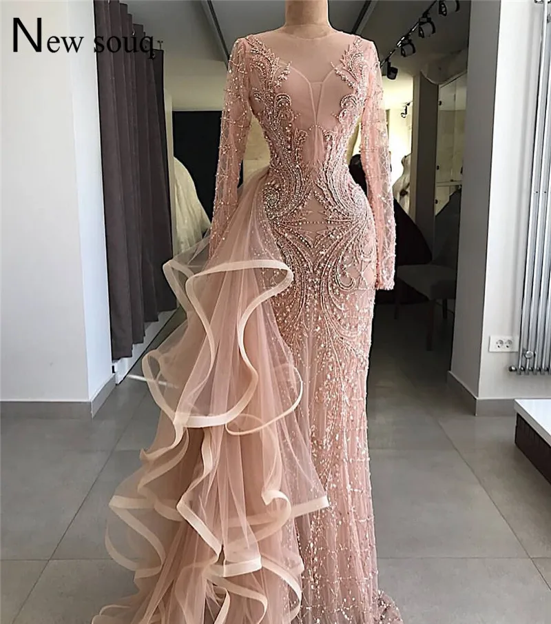 

Pink Beaded Evening Dress Abendkleider 2019 Illusion Dubai Arabic Evening Party Gowns Robe De Soiree Kaftan Formal Dress Mermaid
