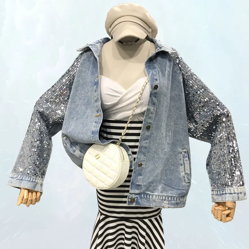 

casaco feminino Spring Glittering Washed Denim Jacket 2019 Autumn Loose Stitching Jean Jacket Lapel Frayed Basic Outwear SL296