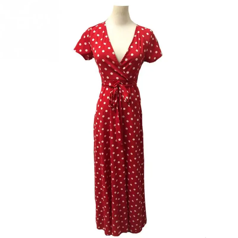 Женское Модное Длинное Платье, винтажное платье для отдыха, женская пляжная одежда, праздничное белое платье в красный горошек - Цвет: red