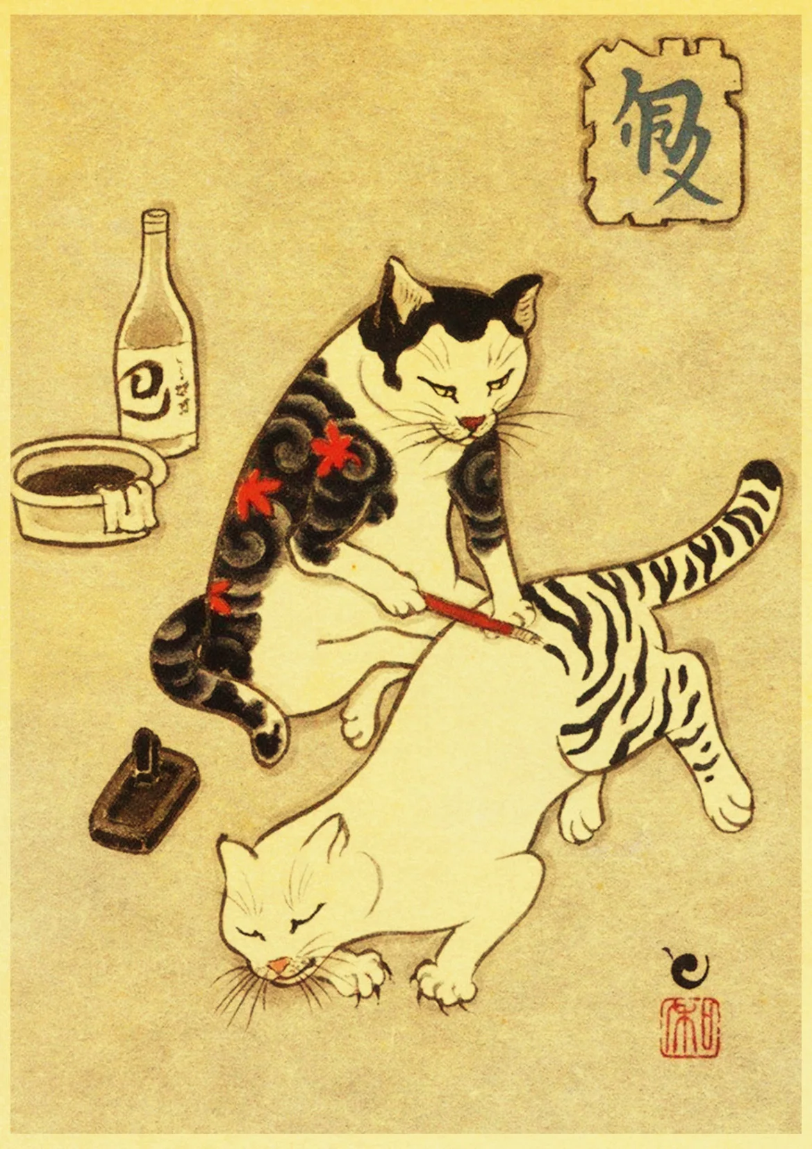 Винтажный Японский самурайский Кот тату Кот Ретро плакаты крафт обои высокого качества живопись для домашнего декора наклейки на стену