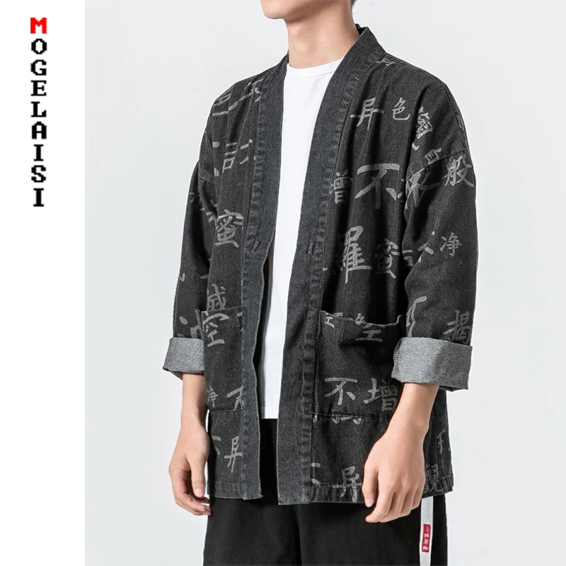 

Japan style denim jacket men Printing of Chinese characters Jean jacket Long section High quality black jacket 5XL B375-JK19