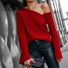 Flare Pullover Slash Neck Red Knitted