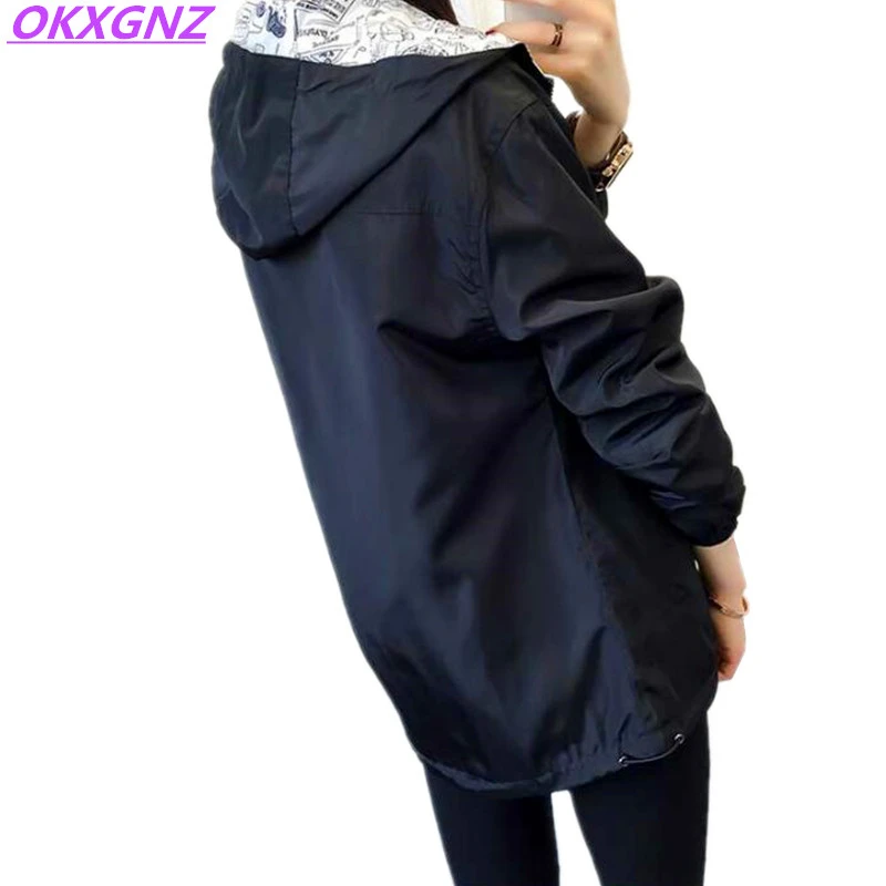 2018 Spring Autumn Women Basic Jacket Pocket Zipper Hooded Two Side Wear Cartoon Print Outwear Loose Coat Windbreaker Female 101 2018 Spring Autumn Women Basic Jacket Pocket Zipper Hooded Two Side Wear Cartoon Print Outwear Loose Coat Windbreaker Female 101