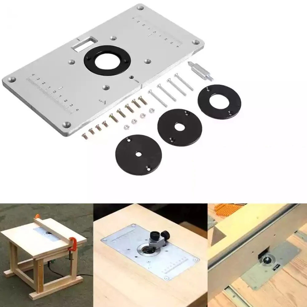 

Router Table Insert Plate Woodworking Benches Aluminium Wood Router Trimmer Models Engraving Machine with 4 Rings Tools