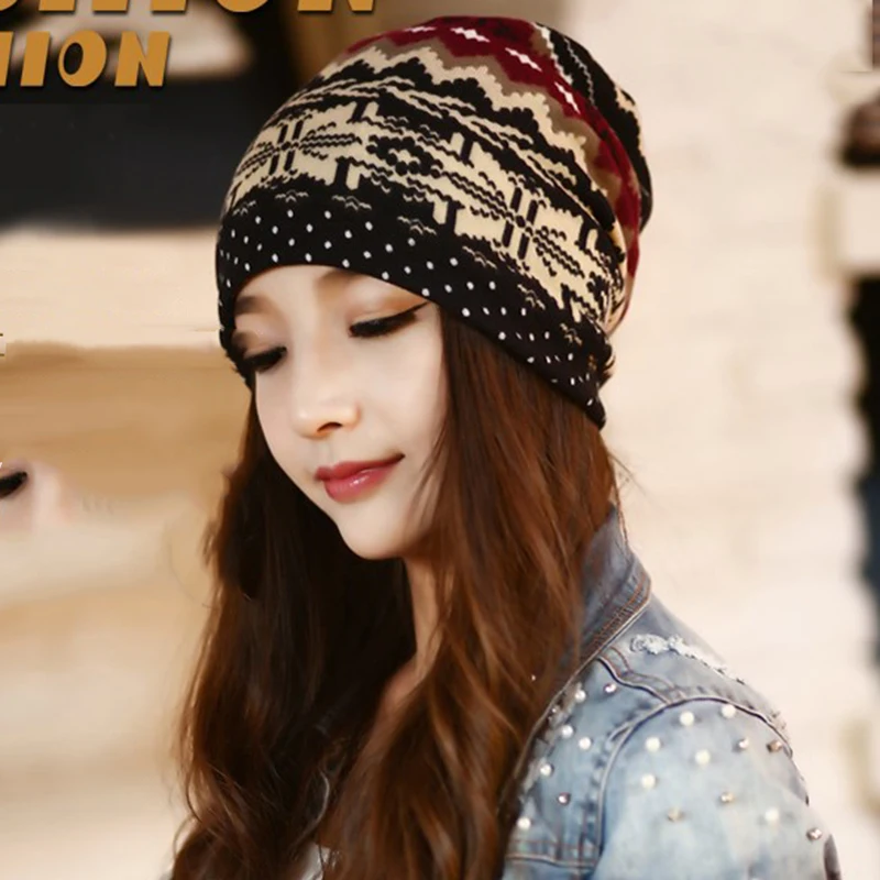 

Winter Hats for Women Bonnet Beanies Cotton Blend Snow Caps Casual Warm Hat Female Slouch Skullies Retro Snowflake Turban Xmas