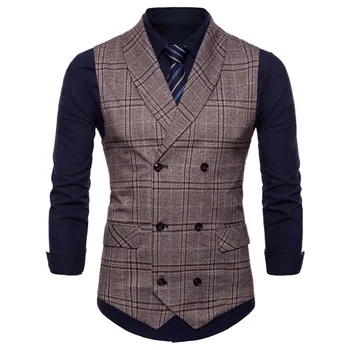 

2018 Fashion New Men's Casual Boutique Business Plaid Vest / Men's Slim Double-Breasted Dress Suit Vest Waistcoat