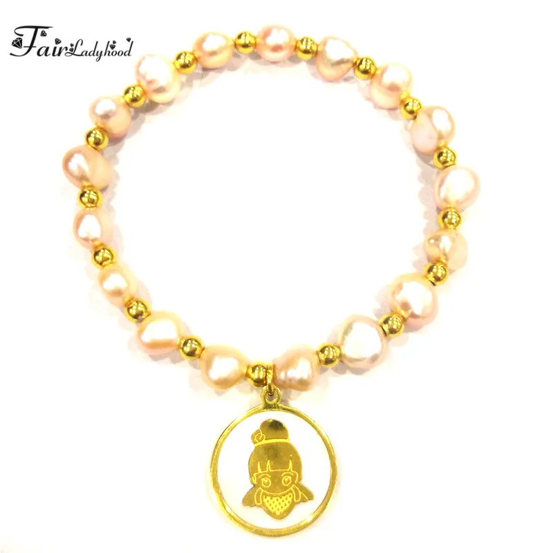 

FairLadyHood Wholesale Irregular Pearl Stainless Steel Beads Cute Girl Shell Charm Bracelets For Women