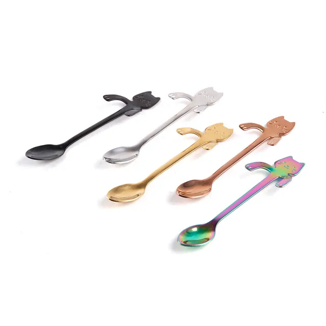 Cheap metal silver spoons gold for coffee mini cute hanging cat dessert spoon long handled ice cream spoon stainless steel cats