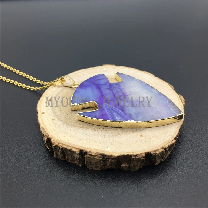 MY0887 Big Blue Arrowhead Agates Pendant Necklace,Fish Shape Dragon Necklace with Pure Gold Color Chain (2)
