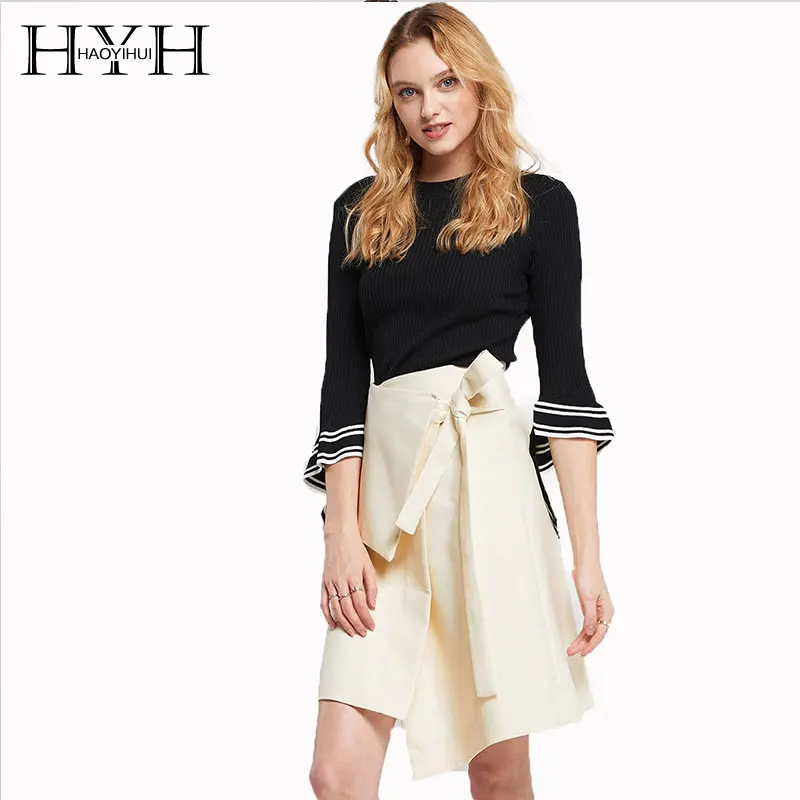 

HYH HAOYIHUI Lady Color Block Knitting Sweater Trumpet Sleeve Crew Neck Streetwear Casual Autumn Tops For Women 2018 New Arrival