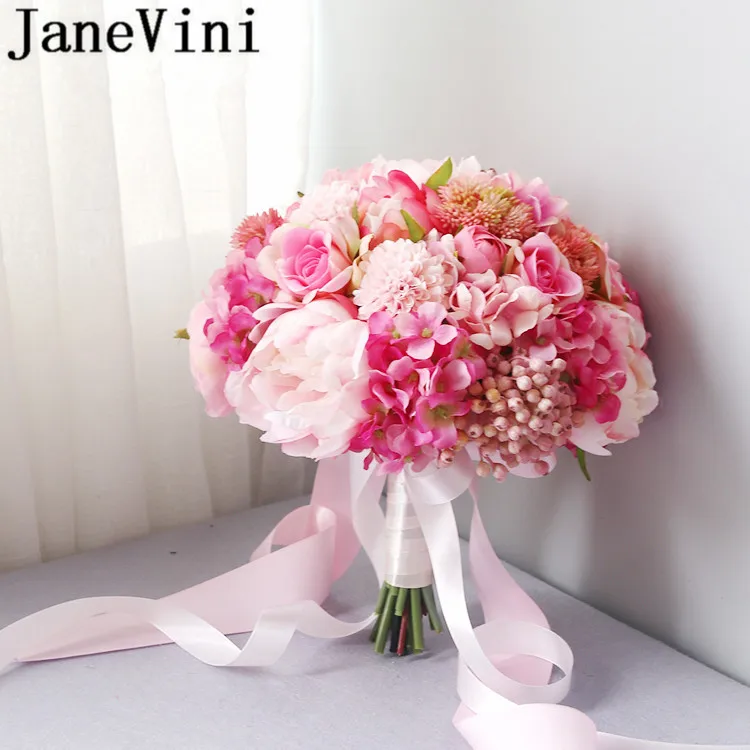 JaneVini корейский стиль Свадебные Цветочные букеты шелковые розы Пион Букет невесты розовый желтый брошь букет свадебные аксессуары