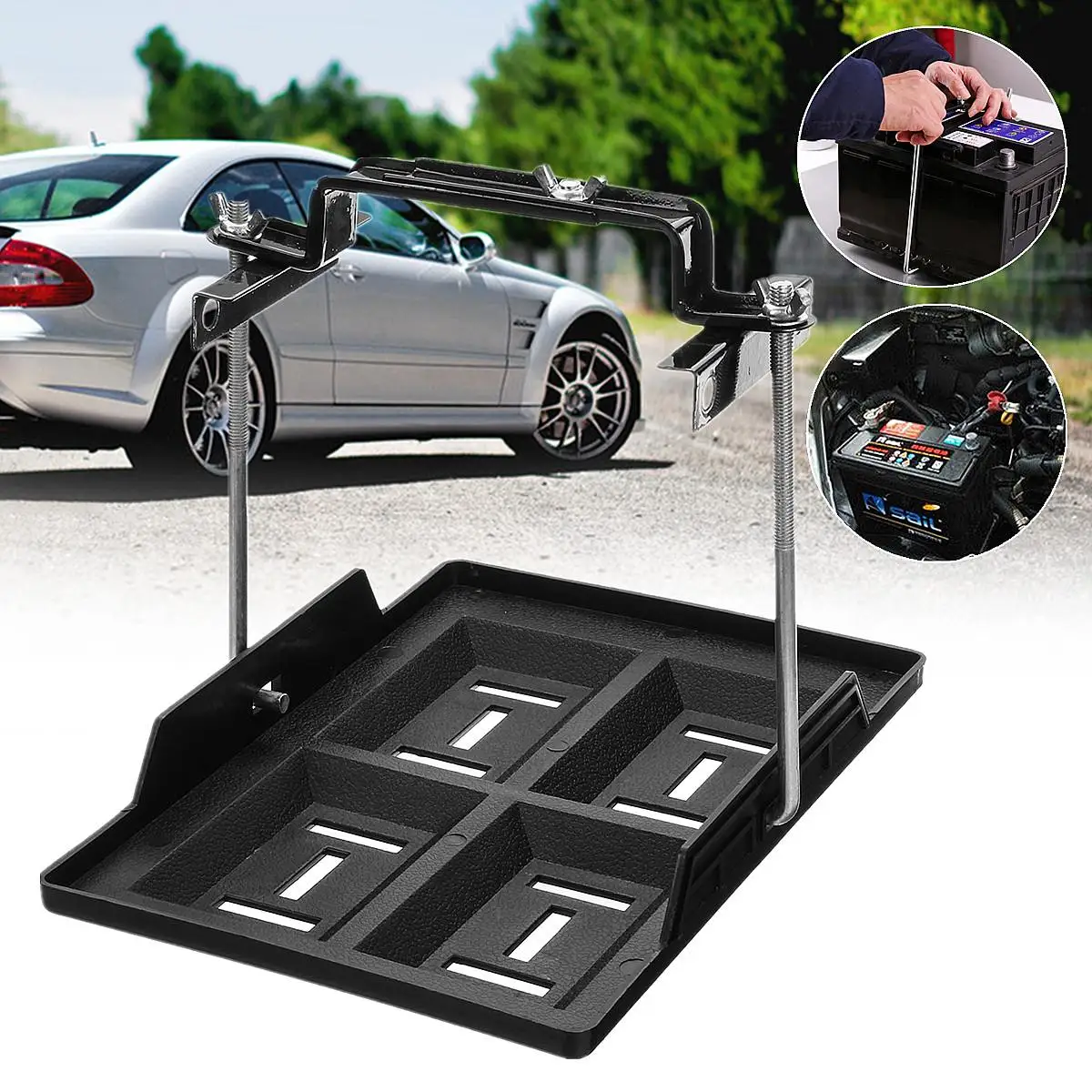 Universal Car Battery Tray Adjustable Hold Down Clamp Bracket Cycle 19 x 28cm Recessed Slots Metal Black Automotive/Marine Use