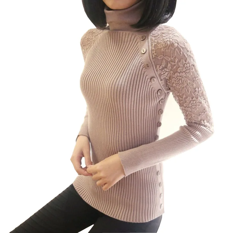 

Autumn Winter New Women Turtleneck Sweaters Womens Elegant Button Lace Sweaters & Pullovers Femme Tricot Pull Jersey Jumper Tops