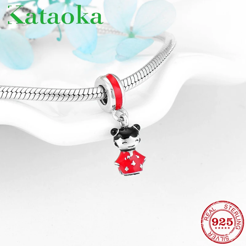 

Hot Sale 925 Sterling Silver charms Chinese Lucky Doll Red Enamel Pendants Fit Original Pandora Charm Bracelet Jewelry Making