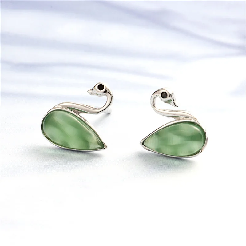 green opal swan earring 100% 925 Sterling silver Jewelry fashion Hypoallergenic Stud earrings for women gift