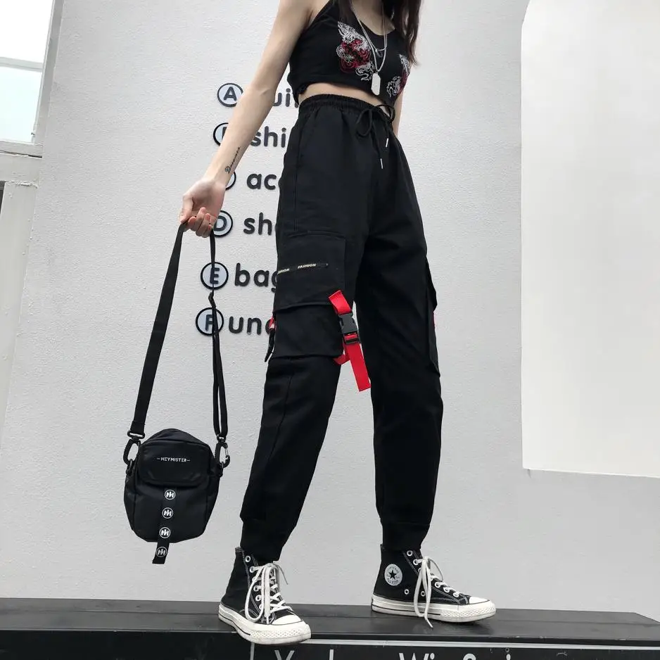Новинка, женские свободные брюки-карго, женская уличная одежда, корейский модный стиль, эластичные черные длинные брюки с карманами