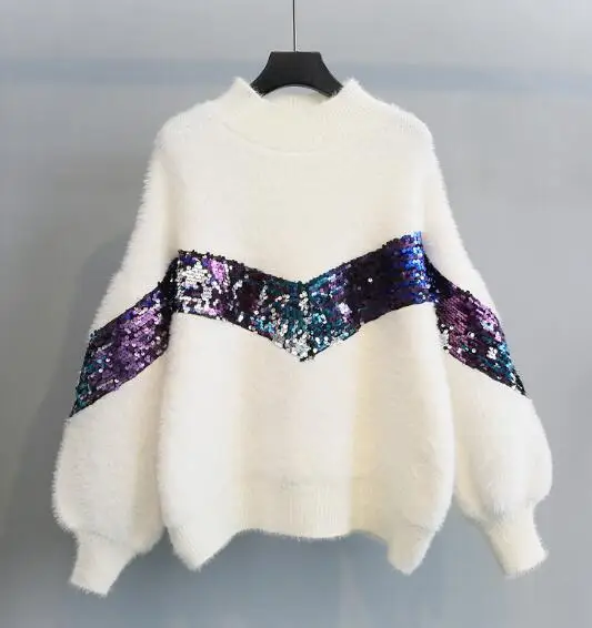 

2018 New Autumn Winter Women Warm O Neck Knit Tops Female Student Sling Sequined Sweater Coat Lady Lantern Sleeve Sweater Tops