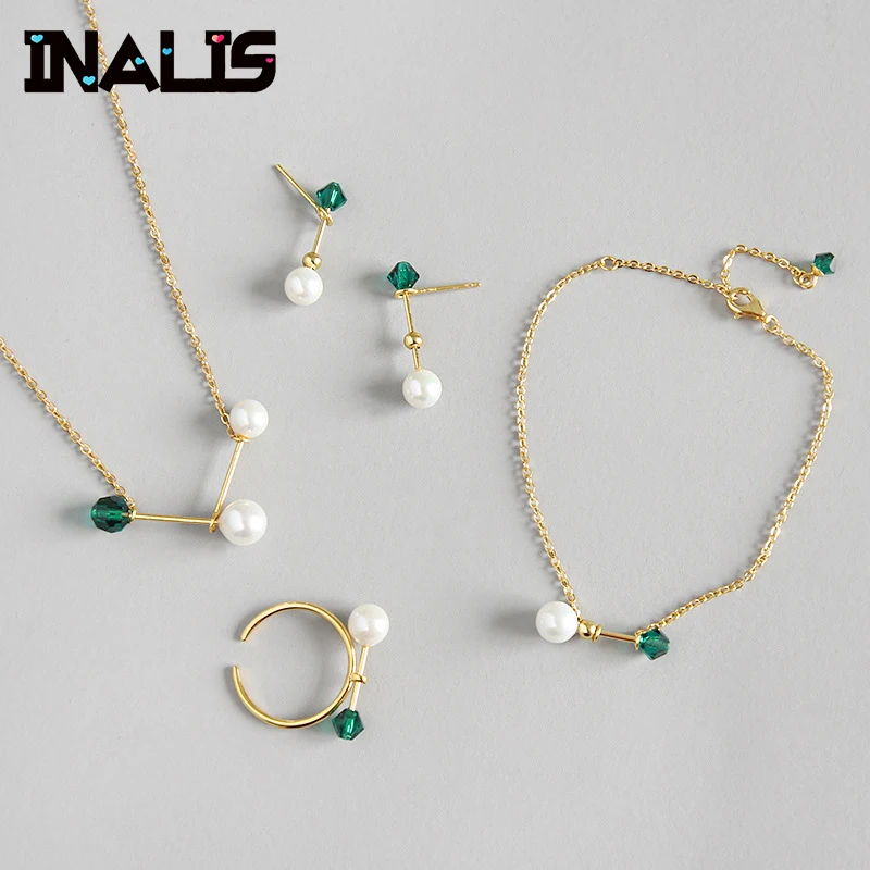 INALIS новые винтажные ювелирные изделия S925 серебро зеленый CZ Кристалл Морская ракушка жемчужные серьги-гвоздики ожерелье кольцо браслет наборы