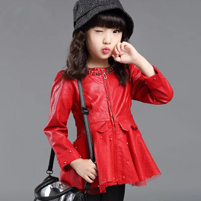 

Spring Kids Clothes Girls Leather Jackets Coats Girls PU Leather Coat Beading Mesh Patchwork Baby Jackets Girl Children Clothing