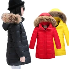 2016 New Winter Girls Down Long Section Coats Children Hooded Thick Warm Jackets Kids Girl Fur Collar Fashion Outwear 4-13 Y