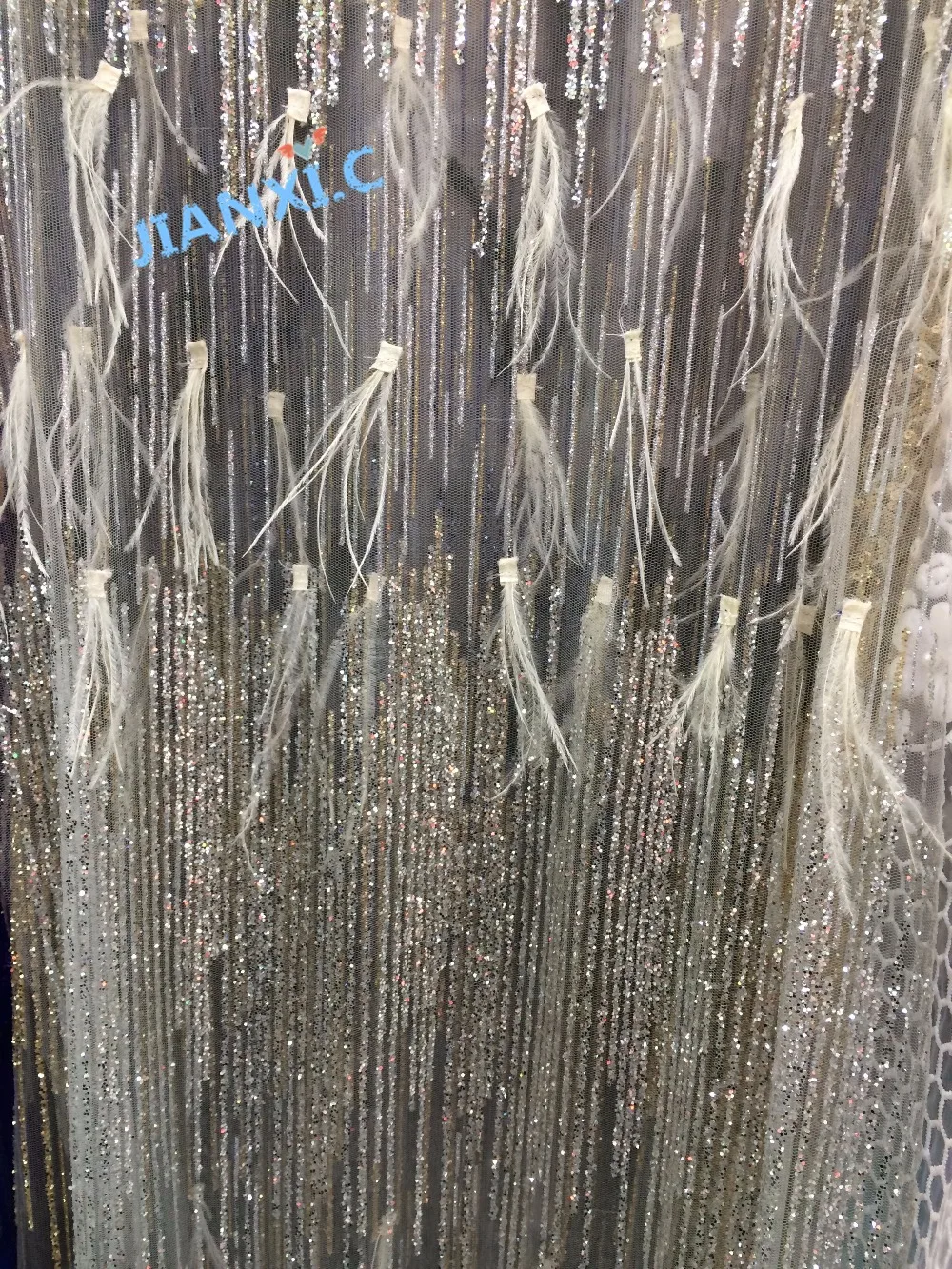 

french net lace fabric with feather yaking-120931 shinning embroidey glitter mesh tulle lace fabric
