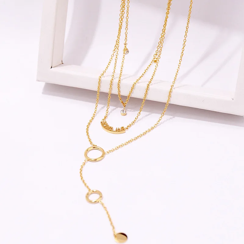 

2019 hot titanium steel fashion accessories three zircon flash letters circle three-layer sweater chain necklace