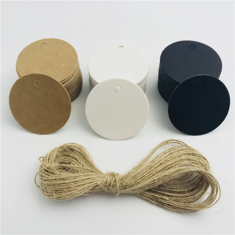 

100pcs/lot White Black Brown Kraft Paper Tags Round Luggage Note Wedding Name Cards Blank Price Hang Tag Rope 4*4cm