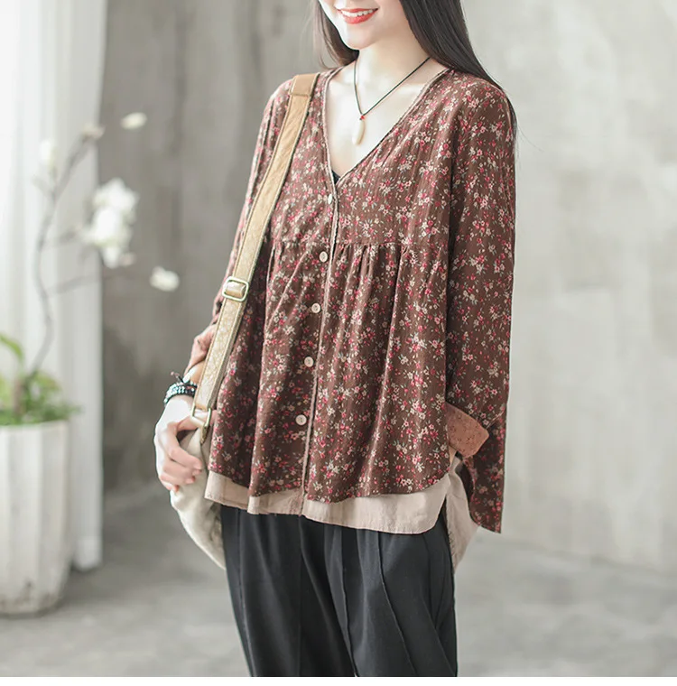 

New Spring Shirt Women 2018 Loose V-neck Baoken Flower Fake Two Pieces Cardigan Tops Female New Retro Casual Button Blouse