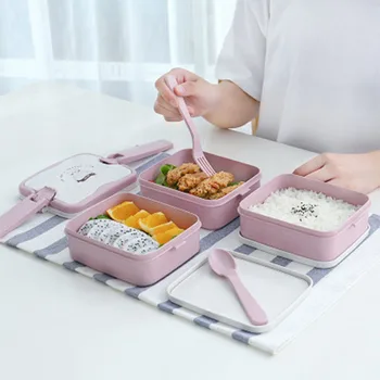 

Creative Plastic Wheat Stalk Double Lunch Box Multi-Function Portable With Lid With Spoon Insulation Barrel Student Lunch Boxes