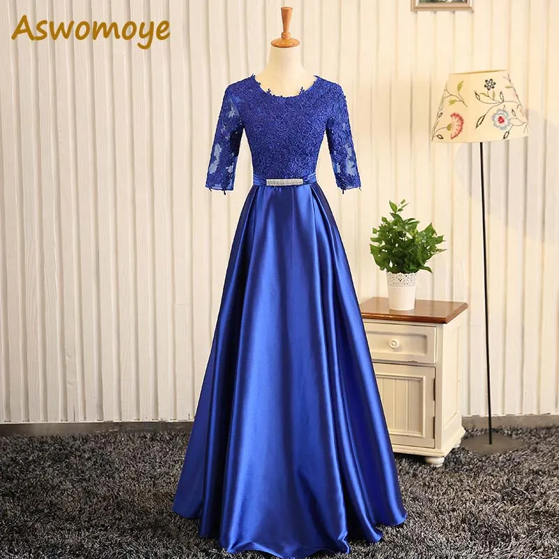 formal evening dresses Aswomoye Half Sleeve Evening Dress 2018 Appliques A-Line Prom Dresses Party Dress of the day Floor Length robe de soiree evening wear dresses Evening Dresses