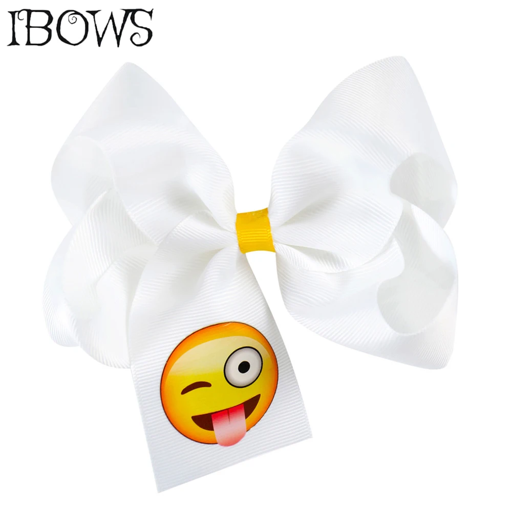 4 5 Inch White Hair Bows Cute Expression Print Hair Clip Hair
